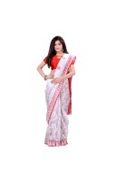 dB Desh Bidesh Women`s Bengal Handloom Tant Soft Dhakai Jamdani Cotton Saree Whole Body Design (White Red)