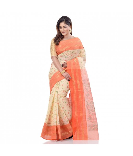 dB DESH BIDESH Women`s Bengal Tant Jamdani Printed Handloom Cotton Saree Without Blouse Piece (Orange)