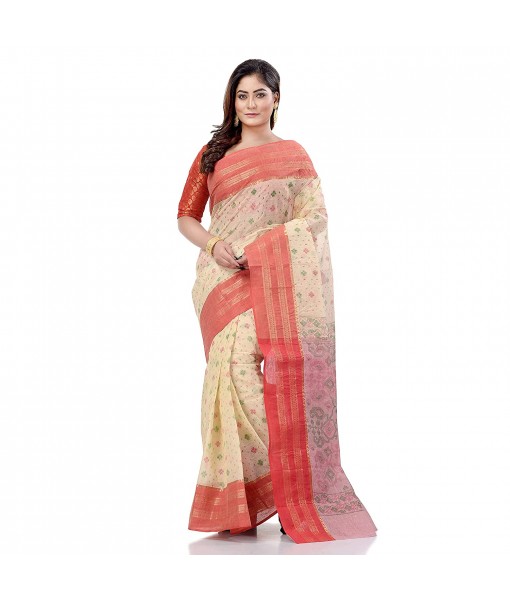 dB DESH BIDESH Women`s Bengal Tant Jamdani Printed Handloom Cotton Saree Without Blouse Piece (Red)