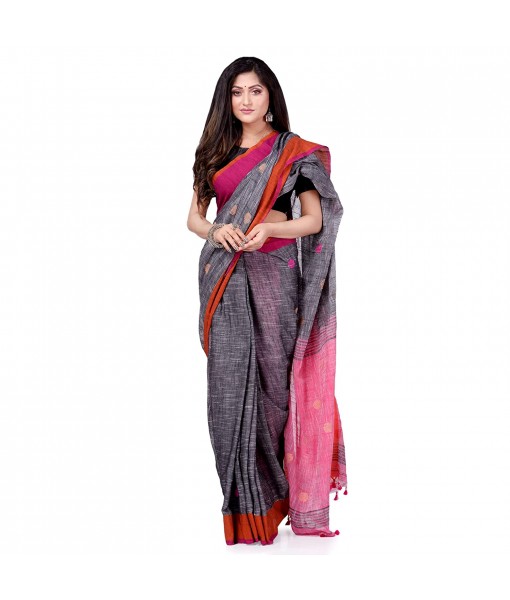 dB DESH BIDESH Women`s Pure Cotton Traditional Bengali Tant Handloom Cotton Saree Round Desigined With Blouse Piece (Grey Pink)