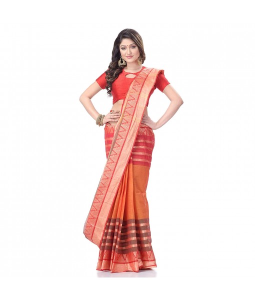 dB DESH BIDESH Women`s Traditional Bengal Tant 3D Temple Design Handloom Pure Cotton Saree Without Blouse Piece Orange Red Blue