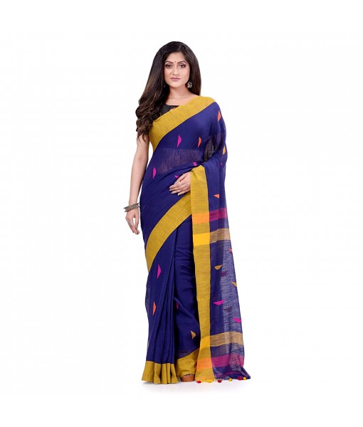 dB DESH BIDESH Women`s Traditional Bengali Tant Handloom Cotton Saree Prism Desigined With Blouse Piece (Deep Blue)