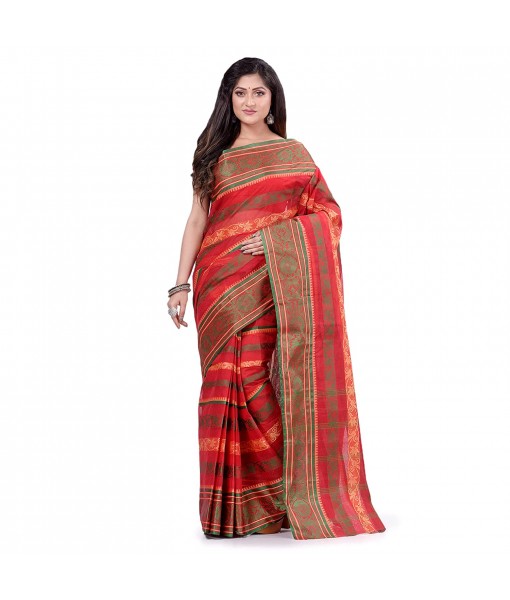 dB DESH BIDESH Women`s Traditional Bengal Tant Pure Handloom Cotton Saree Blossom Design Without Blouse Piece Red