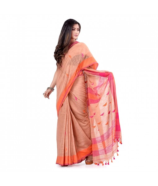 dB DESH BIDESH Women`s Traditional Bengali Tant Handloom Cotton Saree Prism Desigined With Blouse Piece (Off Red)