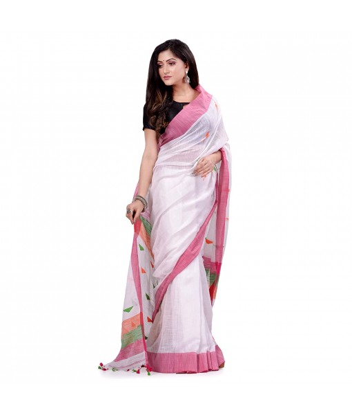 dB DESH BIDESH Women`s Traditional Bengali Tant Handloom Cotton Saree Prism Desigined With Blouse Piece (White Pink)