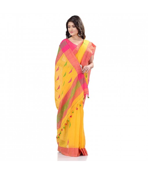 dB DESH BIDESH Women`s Traditional Bengali Tant Handloom Cotton Saree Prism Desigined With Blouse Piece (Yellow Pink)