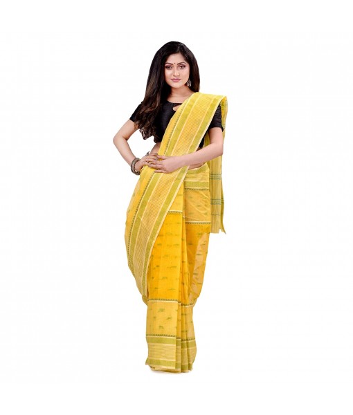 dB DESH BIDESH Women`s Bengal Tant Devdas Design Pure Handloom Cotton Saree Without Blouse Piece Yellow