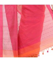 dB DESH BIDESH Women`s Tant Silk Handloom Cotton Saree Sequence Work With Blouse Piece (Orange Pink)