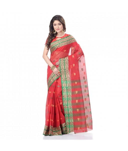 dB DESH BIDESH Women`s Bengal Tant Pure Handloom Cotton Saree Potrobinnas Design Without Blouse Piece Orange Red