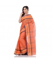 dB DESH BIDESH Women`s Bengali Tant Khejur Chori Pure Handloom Cotton Saree Without Blouse Piece (Orange)