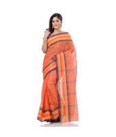 dB DESH BIDESH Women`s Bengali Tant Khejur Chori Pure Handloom Cotton Saree Without Blouse Piece (Orange)