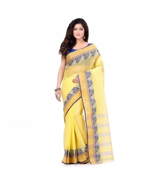 Women`s Traditional Bengal Tant Pure Handloom Cotton Saree PushpoLata Woven Design Without Blouse Piece Light Yellow