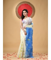 Resham Dhakai Jamdani Cotton Handloom Saree Aam Kolka Design Jamdani Saree (White Blue)