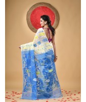 Resham Dhakai Jamdani Cotton Handloom Saree Aam Kolka Design Jamdani Saree (White Blue)