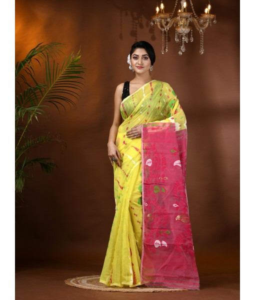  Resham Dhakai Jamdani Cotton Handloom Saree Aam Kolka Design Jamdani Saree(Yellow Pink)