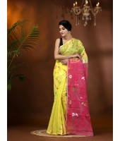  Resham Dhakai Jamdani Cotton Handloom Saree Aam Kolka Design Jamdani Saree(Yellow Pink)