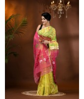  Resham Dhakai Jamdani Cotton Handloom Saree Aam Kolka Design Jamdani Saree(Yellow Pink)