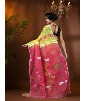  Resham Dhakai Jamdani Cotton Handloom Saree Aam Kolka Design Jamdani Saree(Yellow Pink)