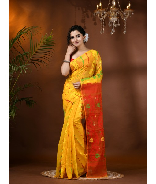  Resham Dhakai Jamdani Cotton Handloom Saree Aam Kolka Design Jamdani Saree(Yellow Red)