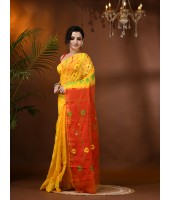  Resham Dhakai Jamdani Cotton Handloom Saree Aam Kolka Design Jamdani Saree(Yellow Red)