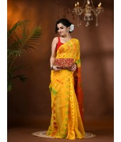  Resham Dhakai Jamdani Cotton Handloom Saree Aam Kolka Design Jamdani Saree(Yellow Red)