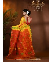  Resham Dhakai Jamdani Cotton Handloom Saree Aam Kolka Design Jamdani Saree(Yellow Red)