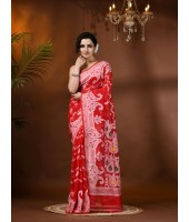 Resham Dhakai Jamdani Cotton Handloom Saree Alpana Paisle Kolka Design Jamdani Saree (Red) 