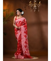 Resham Dhakai Jamdani Cotton Handloom Saree Alpana Paisle Kolka Design Jamdani Saree (Red) 