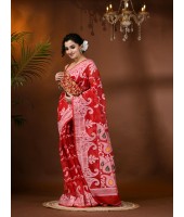 Resham Dhakai Jamdani Cotton Handloom Saree Alpana Paisle Kolka Design Jamdani Saree (Red)