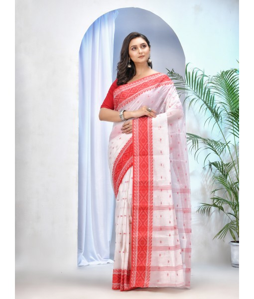 Women's Tant Cotton Saree (DBSARE131218WOBRWCL9_White, Red)