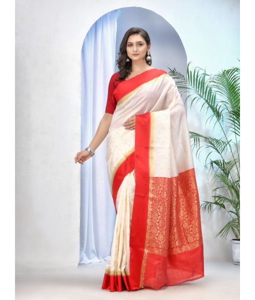 Bengal Art Garad Silk Saree Handmade Kalka with WholeBody Design Saree (Red White)