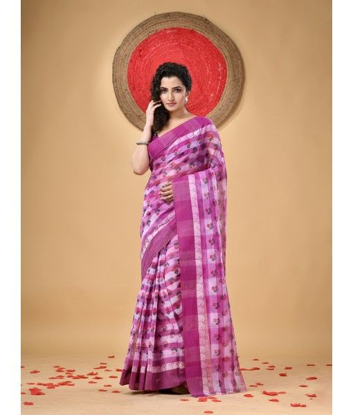 Bengal Tant Banphul Print Design Pure Handloom Cotton Saree Without Blouse Piece (Purple)