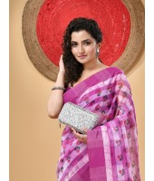 Bengal Tant Banphul Print Design Pure Handloom Cotton Saree Without Blouse Piece (Purple)