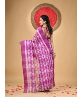 Bengal Tant Banphul Print Design Pure Handloom Cotton Saree Without Blouse Piece (Purple)