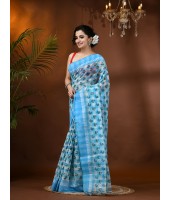  Banphul Print Design Pure Handloom Cotton Saree Without Blouse Piece (Blue)