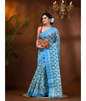  Banphul Print Design Pure Handloom Cotton Saree Without Blouse Piece (Blue)