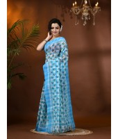  Banphul Print Design Pure Handloom Cotton Saree Without Blouse Piece (Blue)