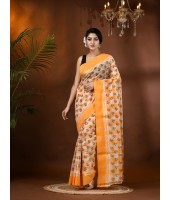  Banphul Print Design Pure Handloom Cotton Saree Without Blouse Piece (Yellow)