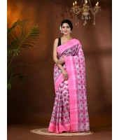 Banphul Print Design Pure Handloom Cotton Saree Without Blouse Piece (Pink)