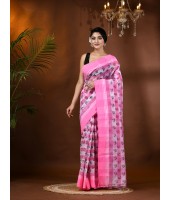 Banphul Print Design Pure Handloom Cotton Saree Without Blouse Piece (Pink)