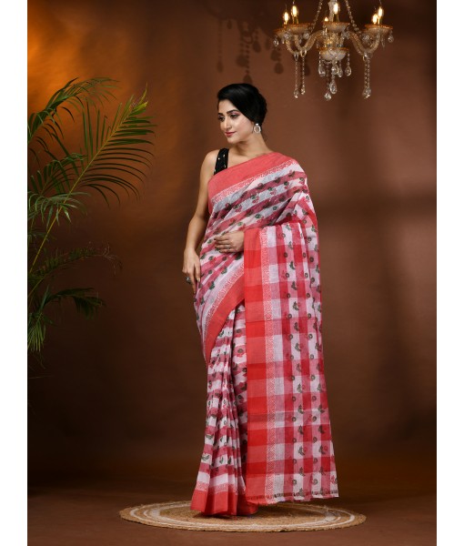  Banphul Print Design Pure Handloom Cotton Saree Without Blouse Piece (Red)
