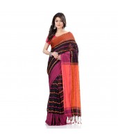 dB DESH BIDESH Women`s Traditional Bengali Begampuri Pure Handloom Cotton Saree With Blouse Piece (Black Orange)