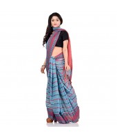 dB DESH BIDESH Women`s Traditional Bengali Begampuri Pure Handloom Cotton Saree With Blouse Piece (Blue Red)