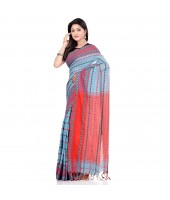 dB DESH BIDESH Women`s Traditional Bengali Begampuri Pure Handloom Cotton Saree With Blouse Piece (Blue Red)