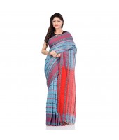 dB DESH BIDESH Women`s Traditional Bengali Begampuri Pure Handloom Cotton Saree With Blouse Piece (Blue Red)