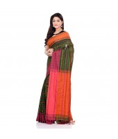 dB DESH BIDESH Women`s Traditional Bengali Begampuri Pure Handloom Cotton Saree With Blouse Piece (Pesta green Orange)