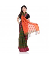 dB DESH BIDESH Women`s Traditional Bengali Begampuri Pure Handloom Cotton Saree With Blouse Piece (Pesta green Orange)