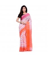 dB DESH BIDESH Women`s Traditional Bengali Begampuri Pure Handloom Cotton Saree With Blouse Piece (Pink White Orange)