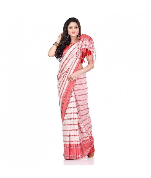 dB DESH BIDESH Women`s Traditional Bengali Begampuri Pure Handloom Cotton Saree With Blouse Piece (White Red)