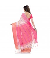 dB DESH BIDESH Women`s Traditional Bengali Begampuri Pure Handloom Cotton Saree With Blouse Piece (White Pink)